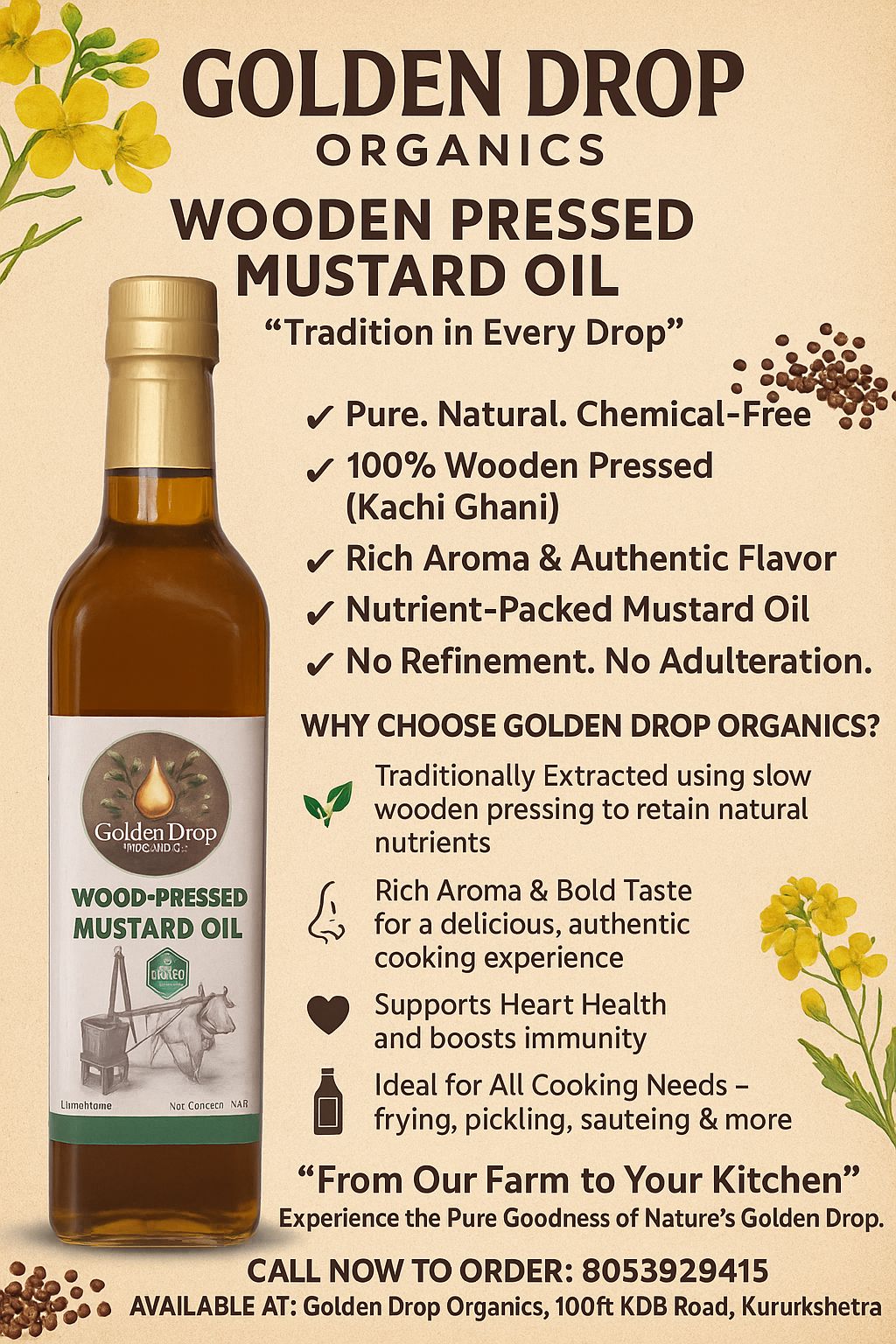 Golden Drop Organics – Wood-Pressed Mustard Oil (Yellow Mustard)